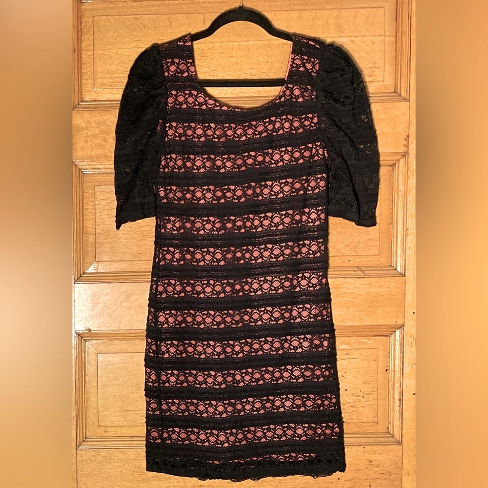 Body Con Black lace & coral midi dress with elbow length, lace princess sleeves
